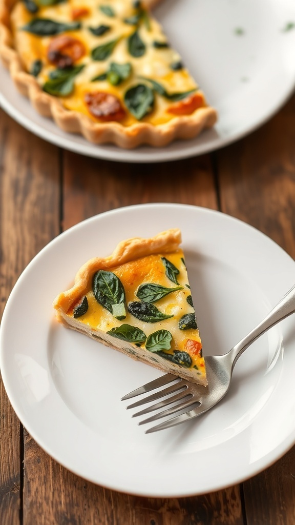 A slice of spinach and cheese quiche on a plate, garnished with herbs, on a wooden table.